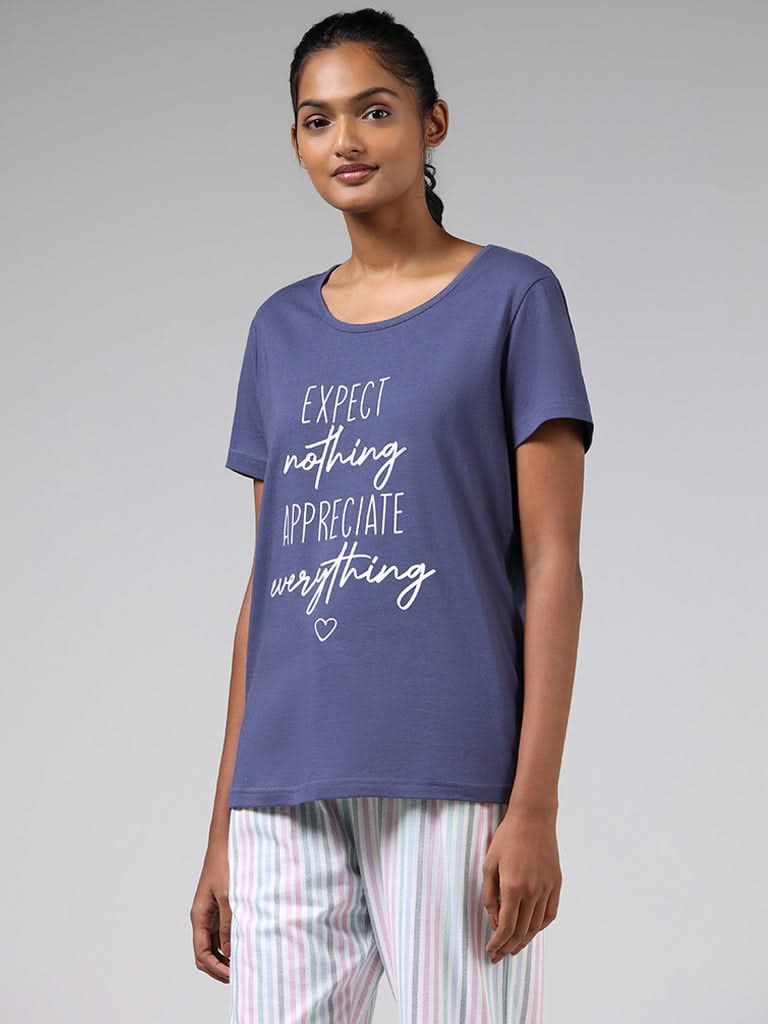 Wunderlove Blue Contrast Printed Cotton T-Shirt