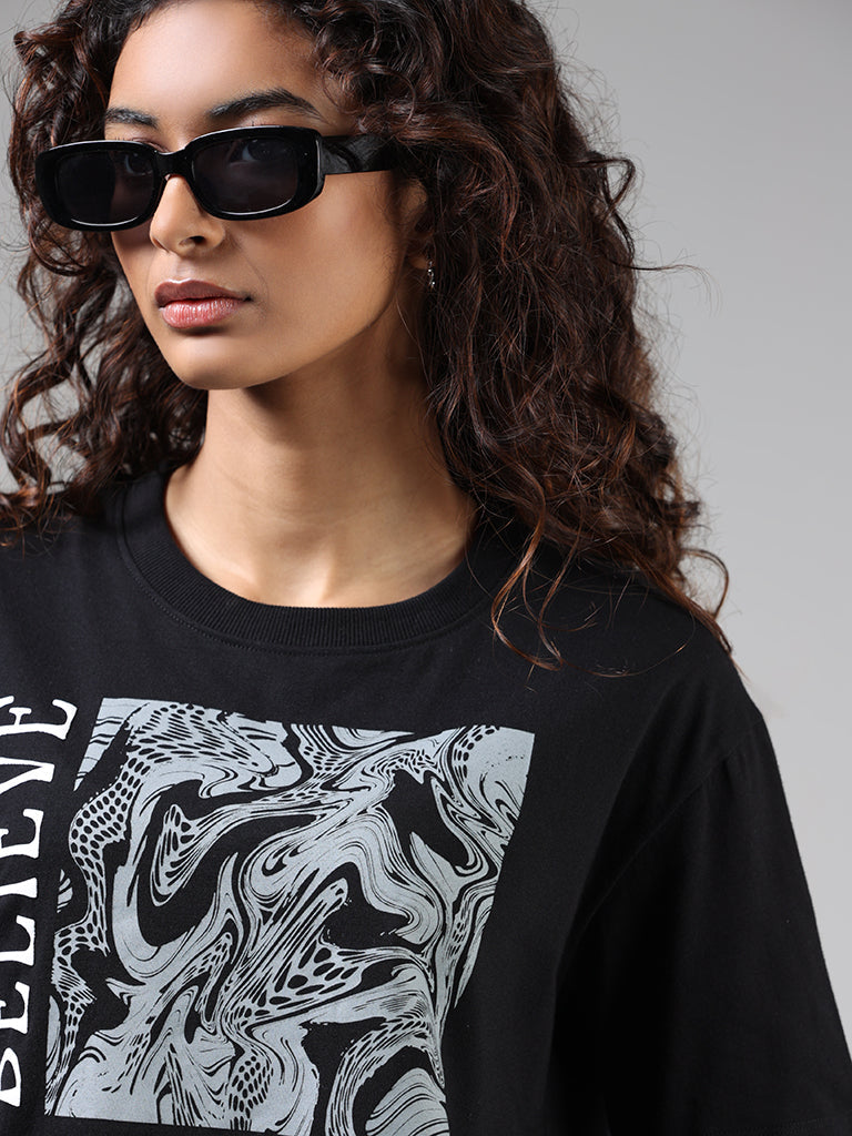 Studiofit Black Typographic Printed Cotton T-Shirt