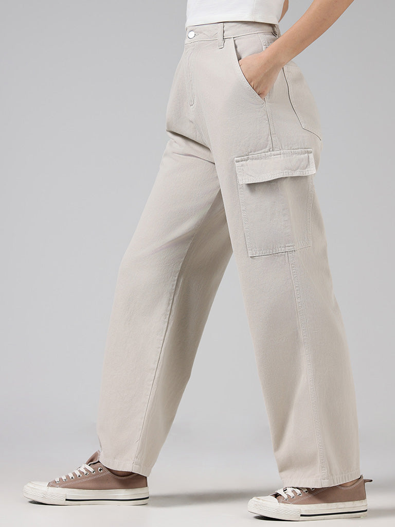 Nuon Solid Beige High-Rise Denim Cargo Relaxed Fit Pants