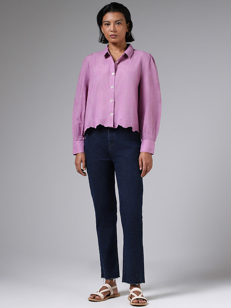 LOV Self-Embroidered Lavender Cotton Shirt