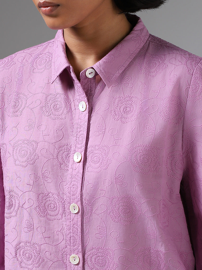 LOV Self-Embroidered Lavender Cotton Shirt