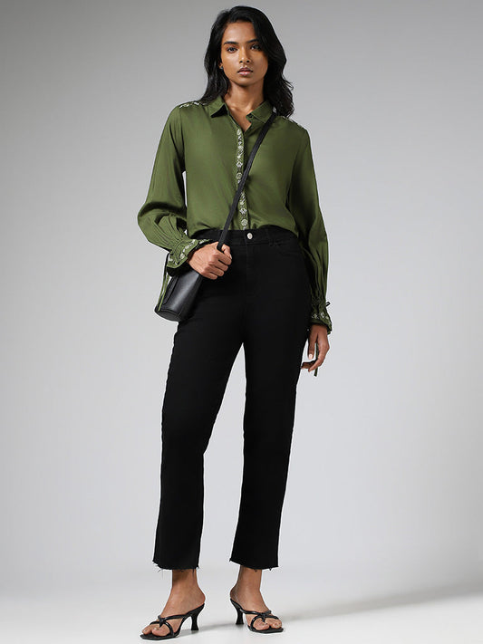 LOV Olive Floral Embroidered Accent Shirt