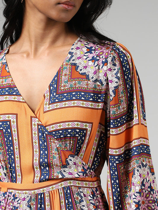 LOV Orange Multicolor Printed Tiered Dress