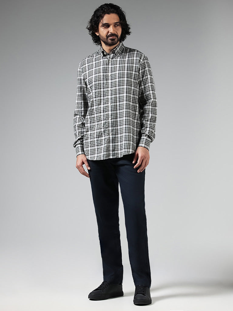 Ascot Light Grey Checked Cotton Blend Relaxed-Fit Shirt