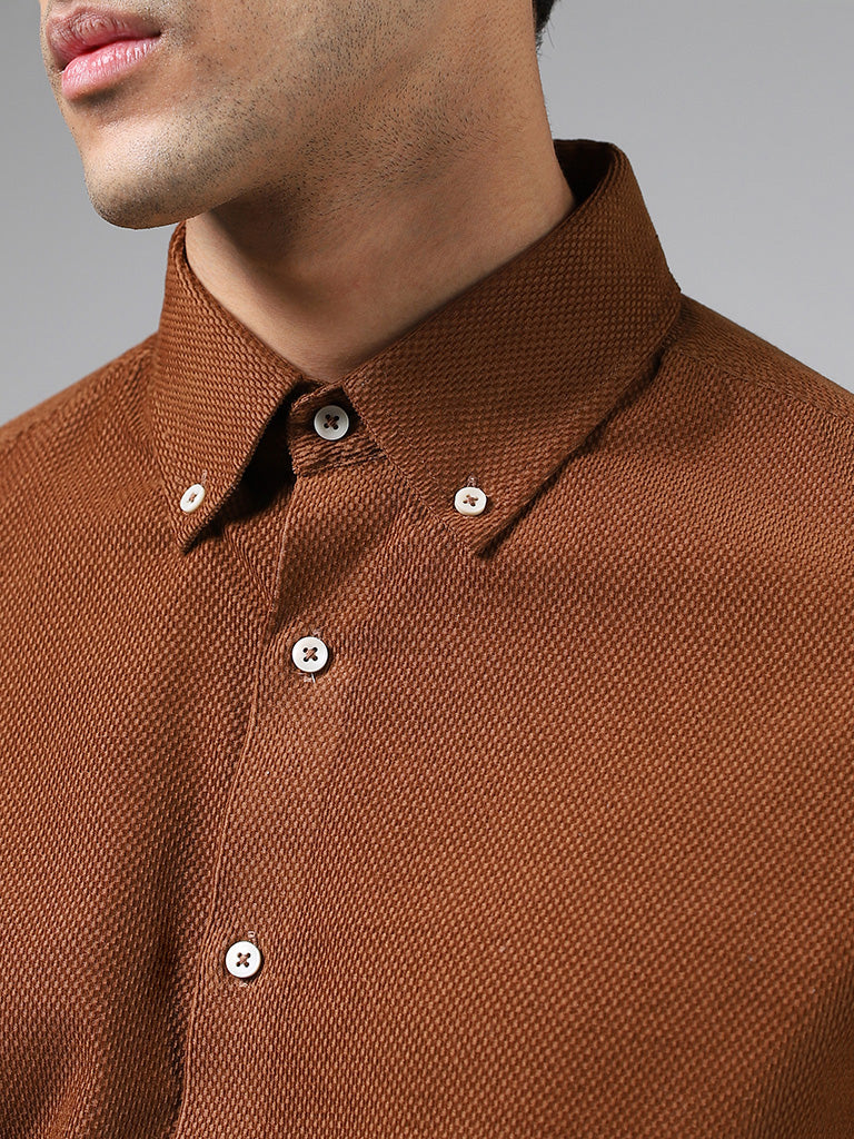 Ascot Tan Cotton Relaxed-Fit Dobby Shirt