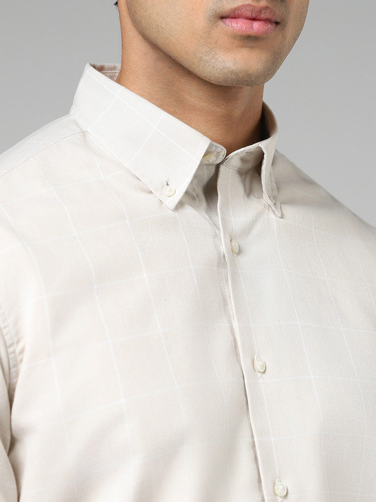 Ascot Cream Windowpane Checked Cotton Relaxed-Fit Shirt