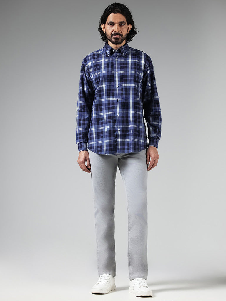 Ascot Blue Relaxed-Fit Checked Cotton Blend Shirt