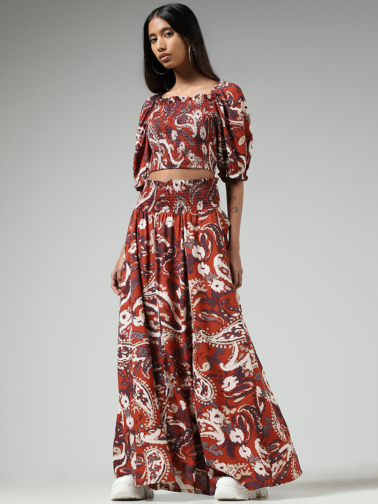 Bombay Paisley Rust Paisley Printed Smocked Maxi Skirt