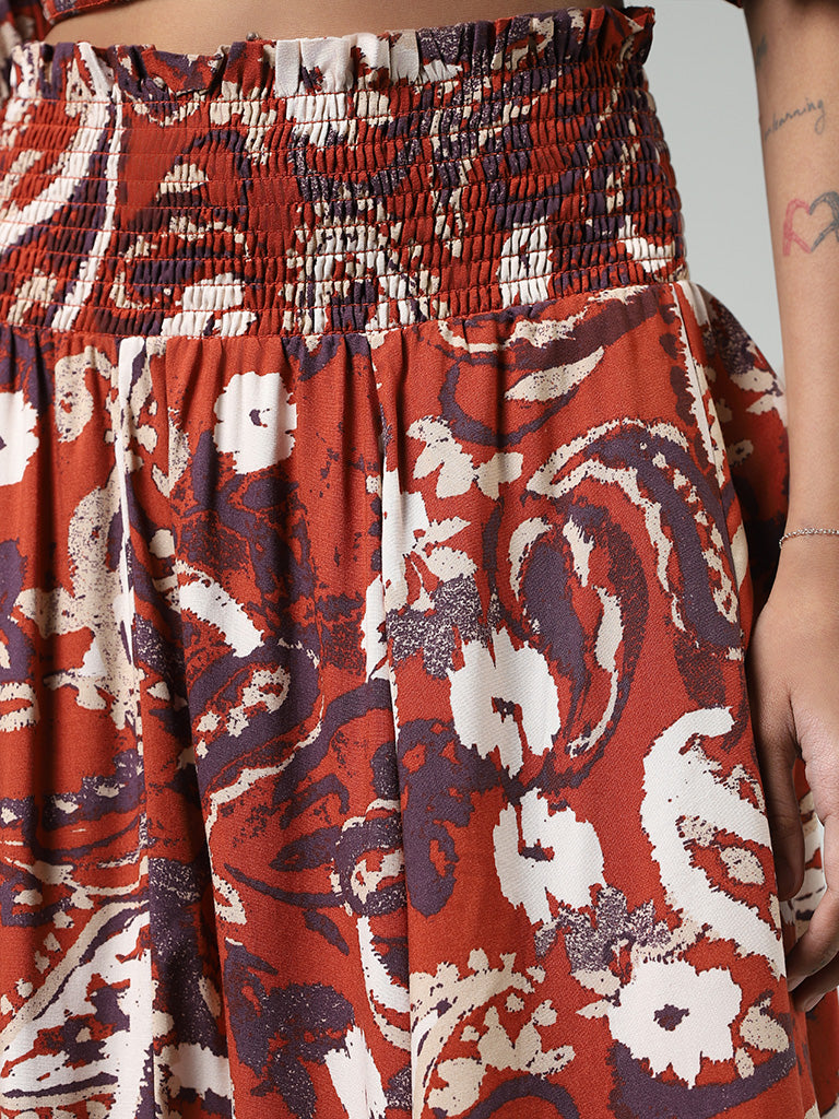 Bombay Paisley Rust Paisley Printed Smocked Maxi Skirt