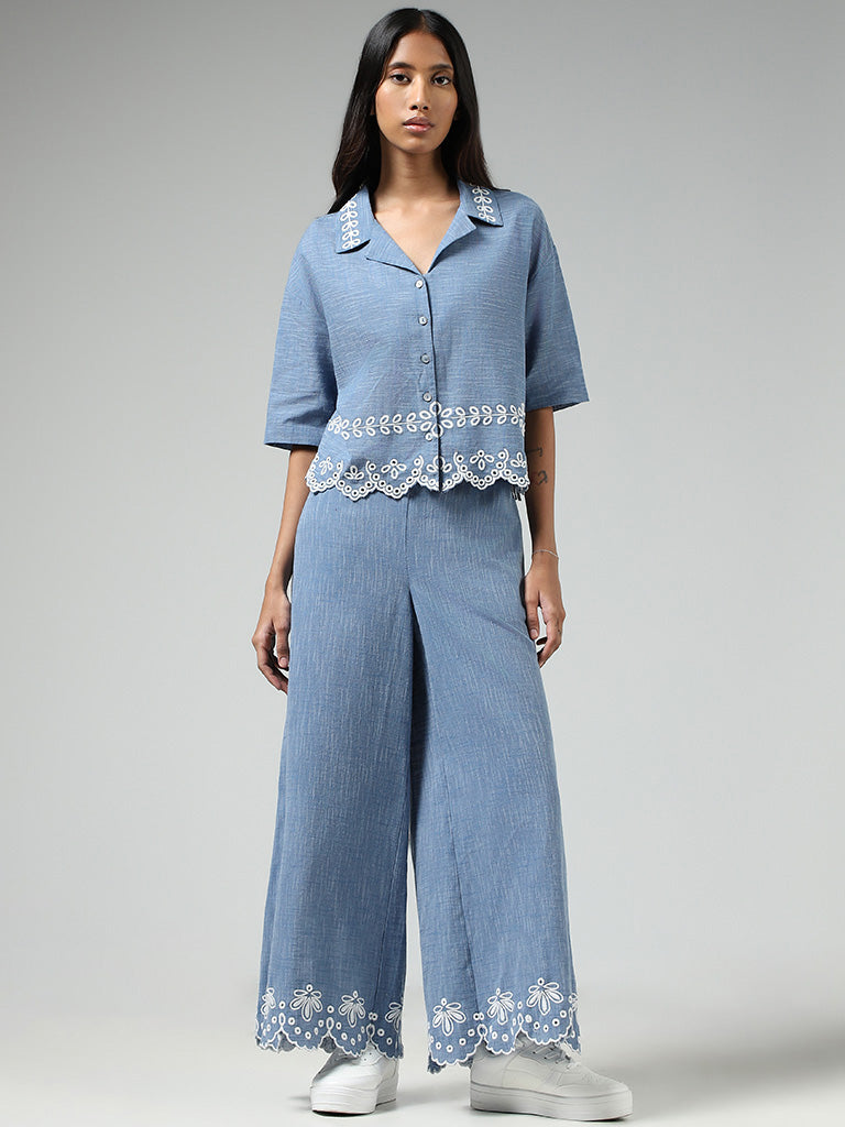 Bombay Paisley Blue Schiffli Scalloped-Hem Cotton Palazzos