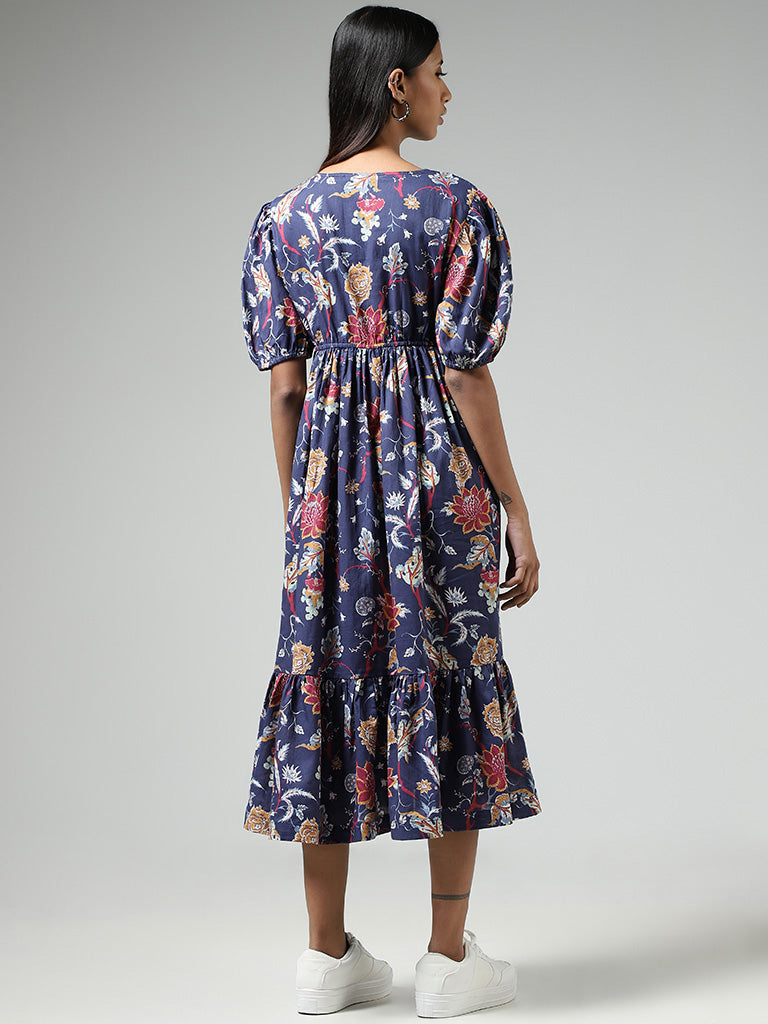 Bombay Paisley Blue Floral Printed Cotton Tiered Midi Dress