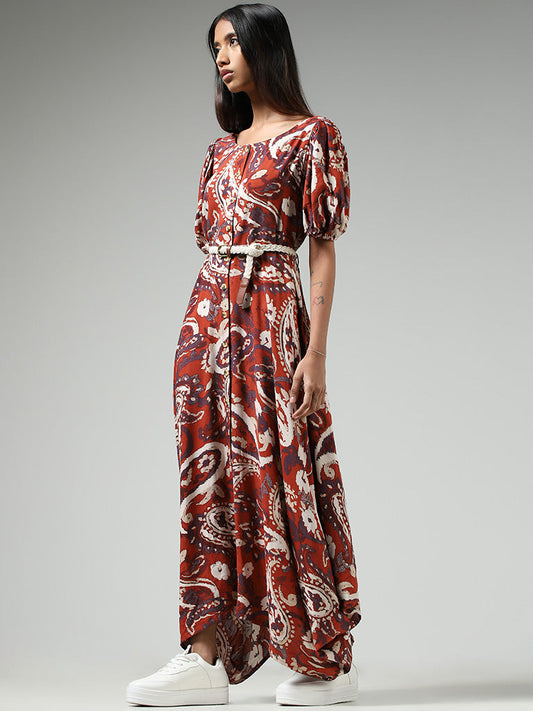 Bombay Paisley Rust Paisley Printed Buttoned Down Dress