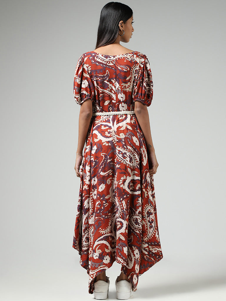 Bombay Paisley Rust Paisley Printed Buttoned Down Dress