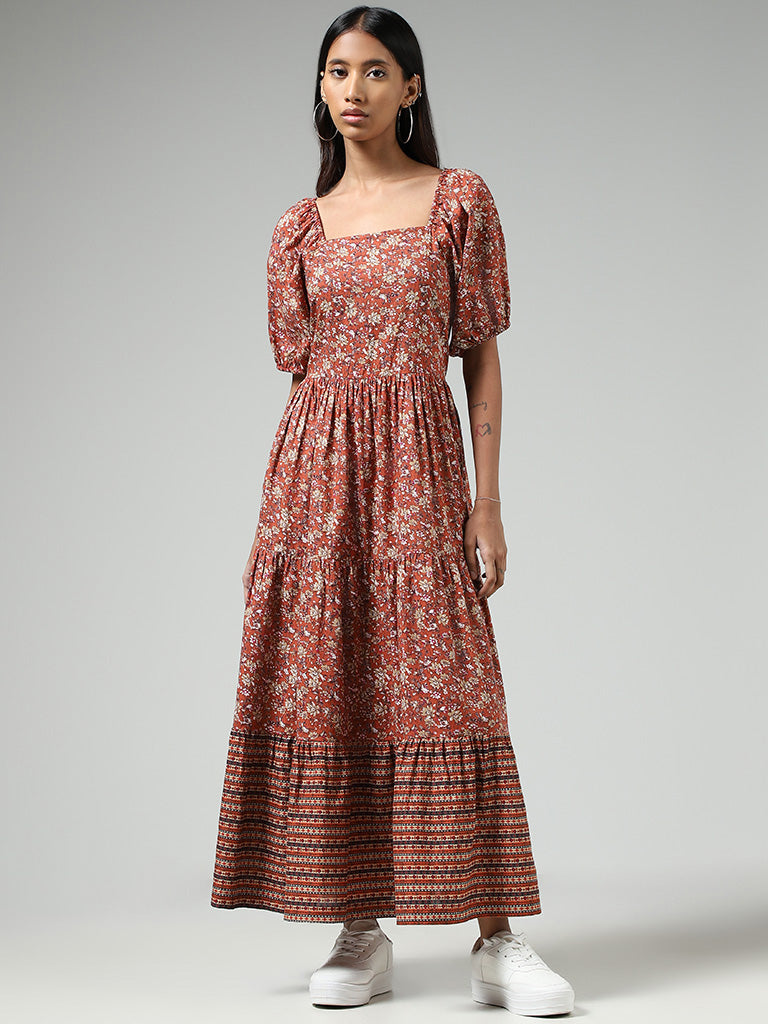 Bombay Paisley Rust Ditsy Floral Printed Cotton Tiered Maxi Dress