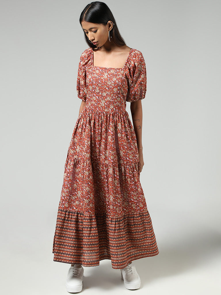 Bombay Paisley Rust Ditsy Floral Printed Cotton Tiered Maxi Dress