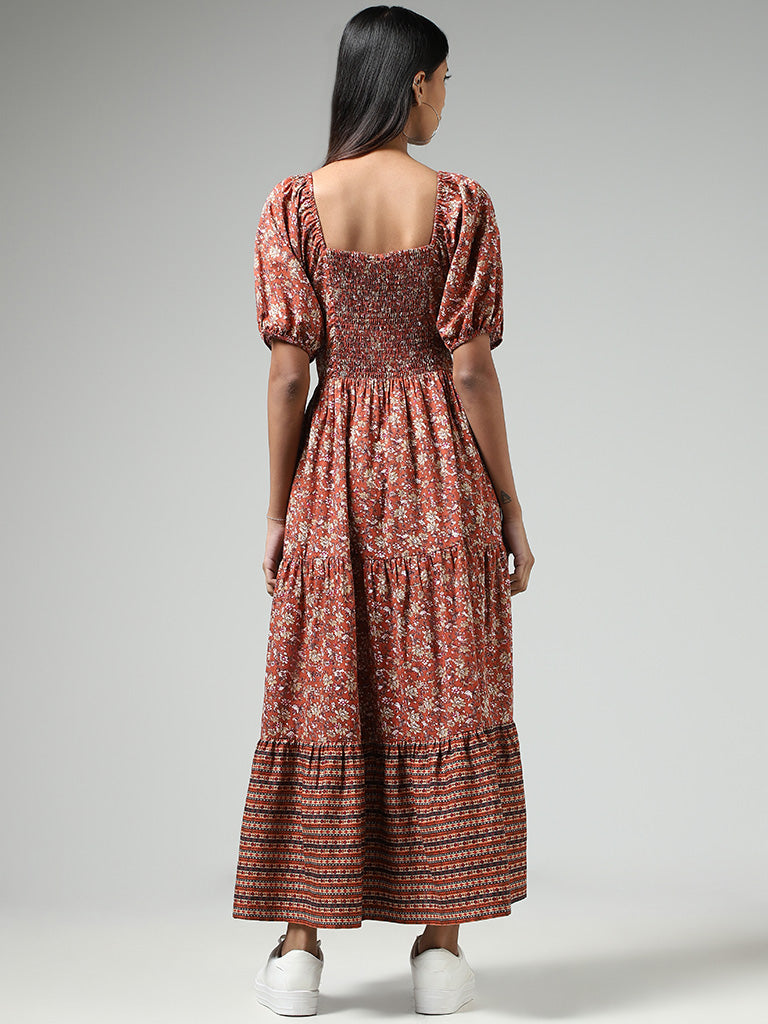 Bombay Paisley Rust Ditsy Floral Printed Cotton Tiered Maxi Dress