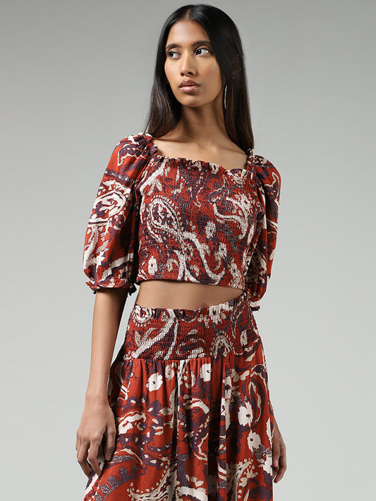 Bombay Paisley Rust Paisley Printed Smocked Crop Top