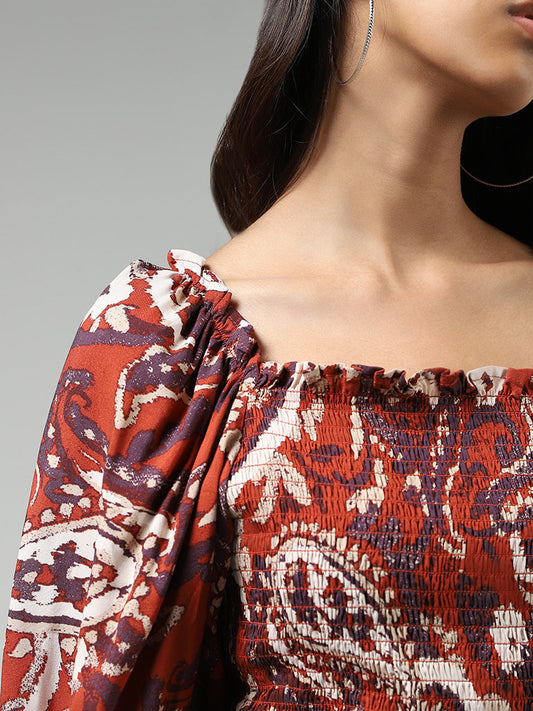 Bombay Paisley Rust Paisley Printed Smocked Crop Top