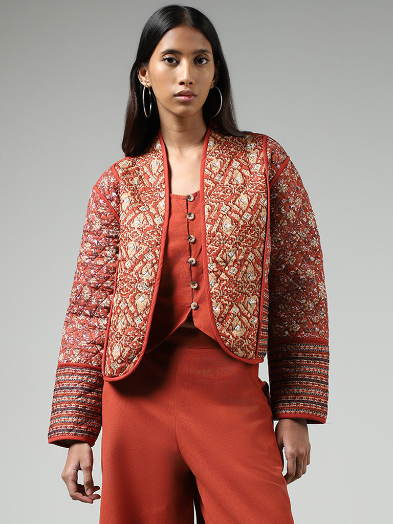 Bombay Paisley Rust Mix-Printed Cotton Quilted Jacket