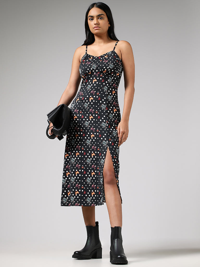 Nuon Black Abstract Printed High Slit Dress