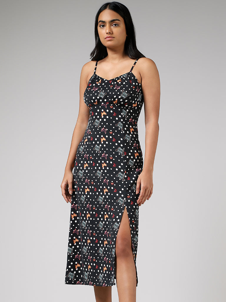 Nuon Black Abstract Printed High Slit Dress