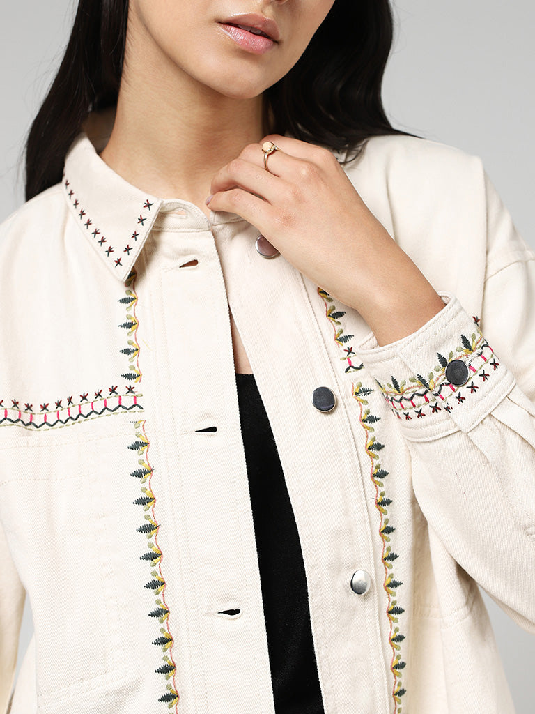 LOV Beige Embroidered Denim Jacket