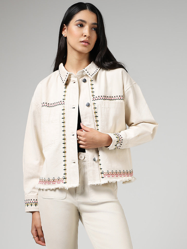 LOV Beige Embroidered Denim Jacket