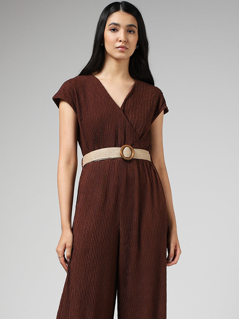 LOV Chocolate Brown Surplice Neck Crepe Jumpsuit