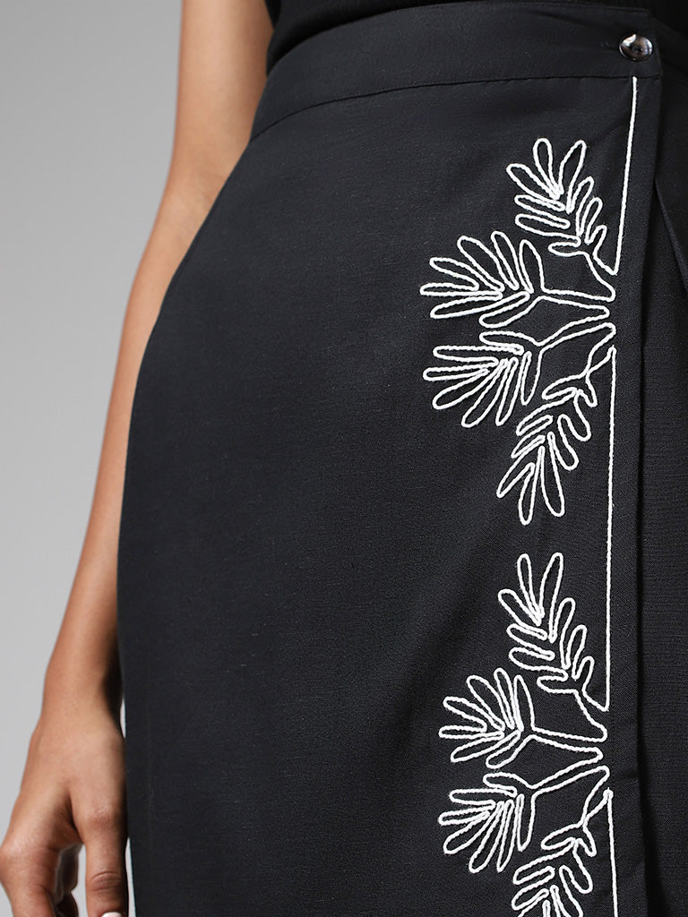 LOV Black Leaf Embroidered Overlapped Blended Linen Skirt