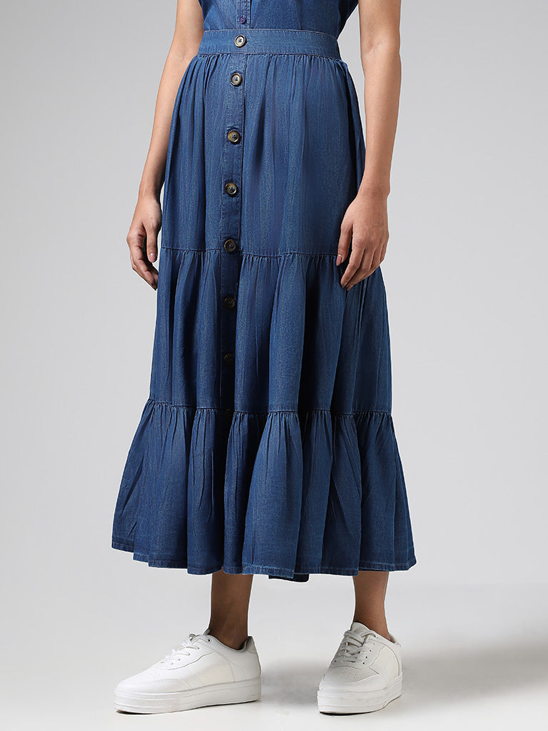 LOV Mid Blue Cotton Buttoned-Down Tiered Skirt