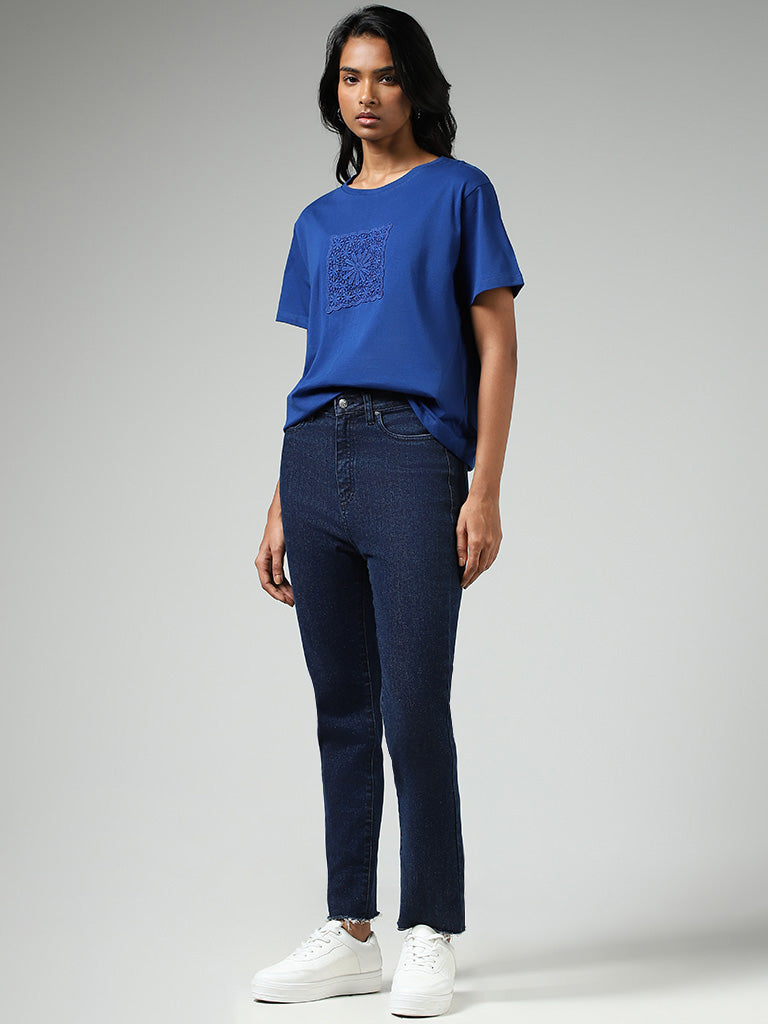 LOV Royal Blue Embroidered Patch Cotton T-Shirt