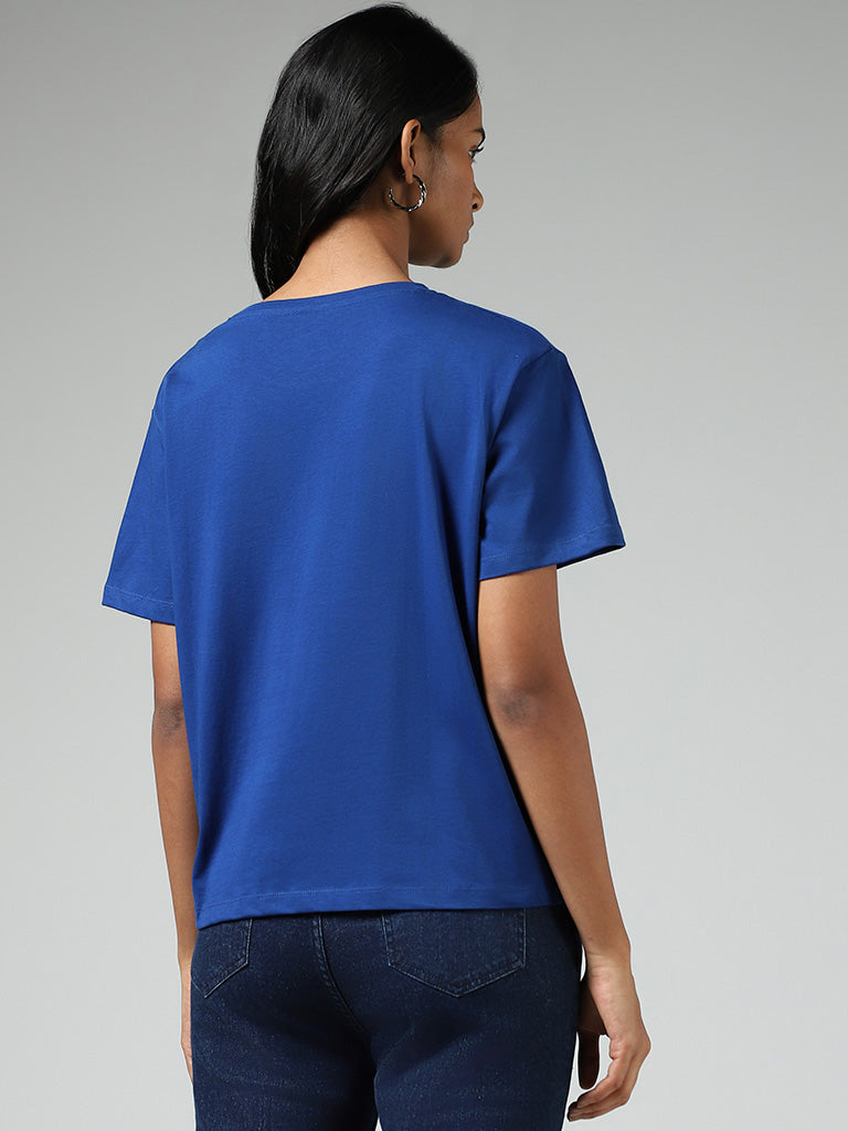 LOV Royal Blue Embroidered Patch Cotton T-Shirt