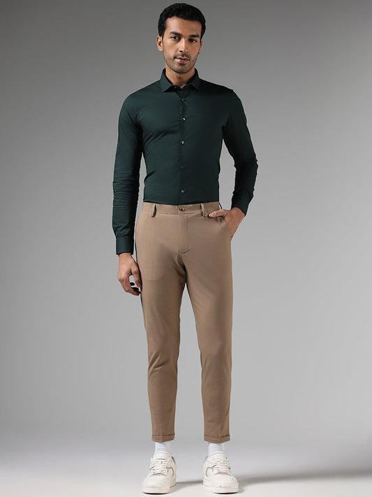 WES Formals Solid Dark Khaki Slim-Fit Mid-Rise Trousers