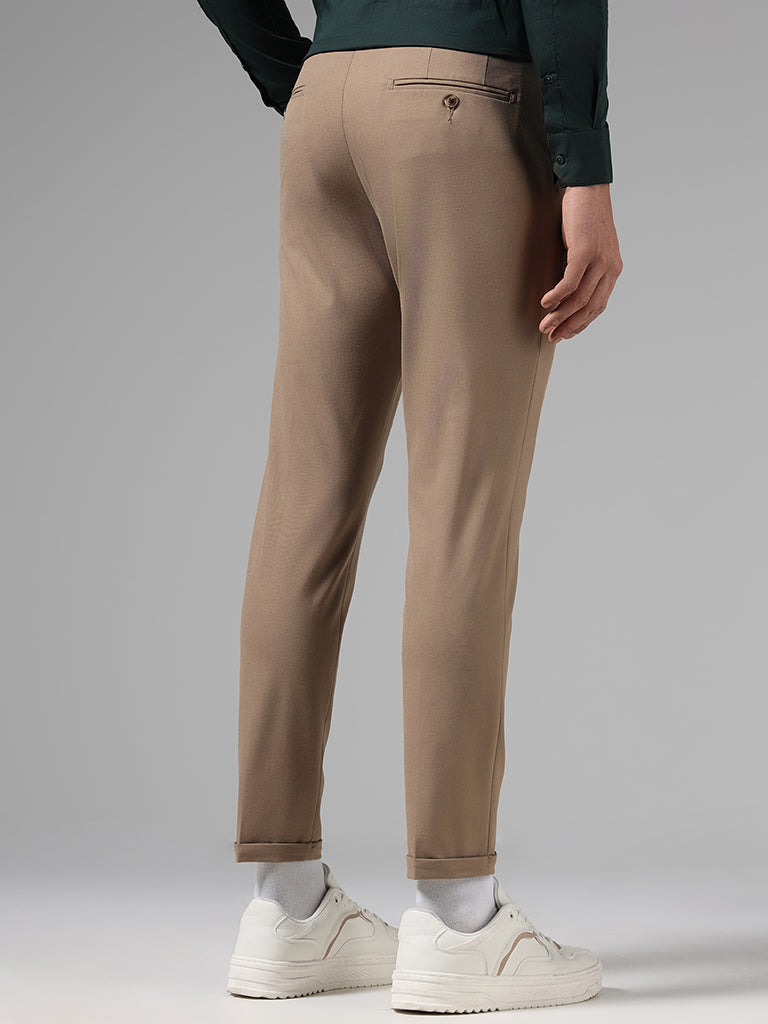 WES Formals Solid Dark Khaki Slim-Fit Mid-Rise Trousers