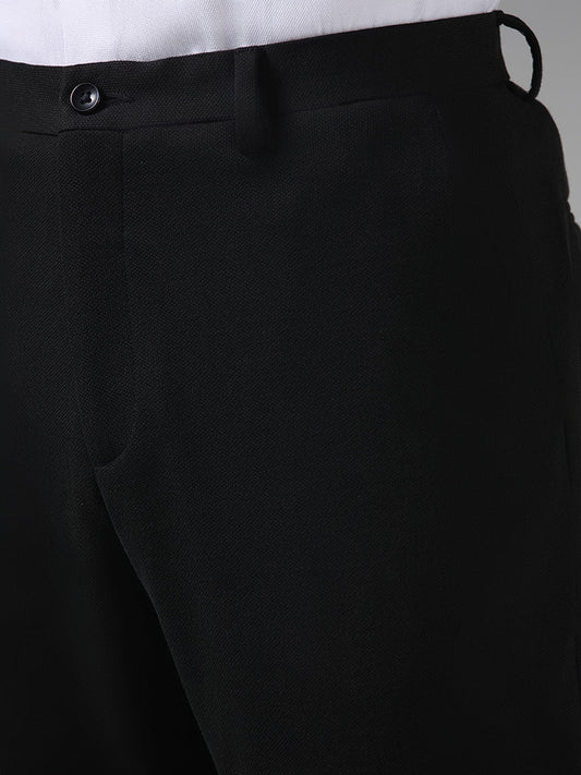 WES Formals Solid Black Slim-Fit Mid-Rise Trousers