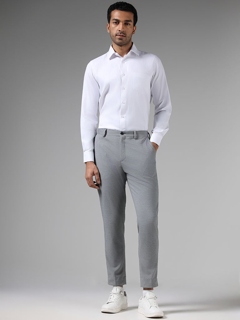 WES Formals Solid Grey Slim-Fit Mid-Rise Trousers