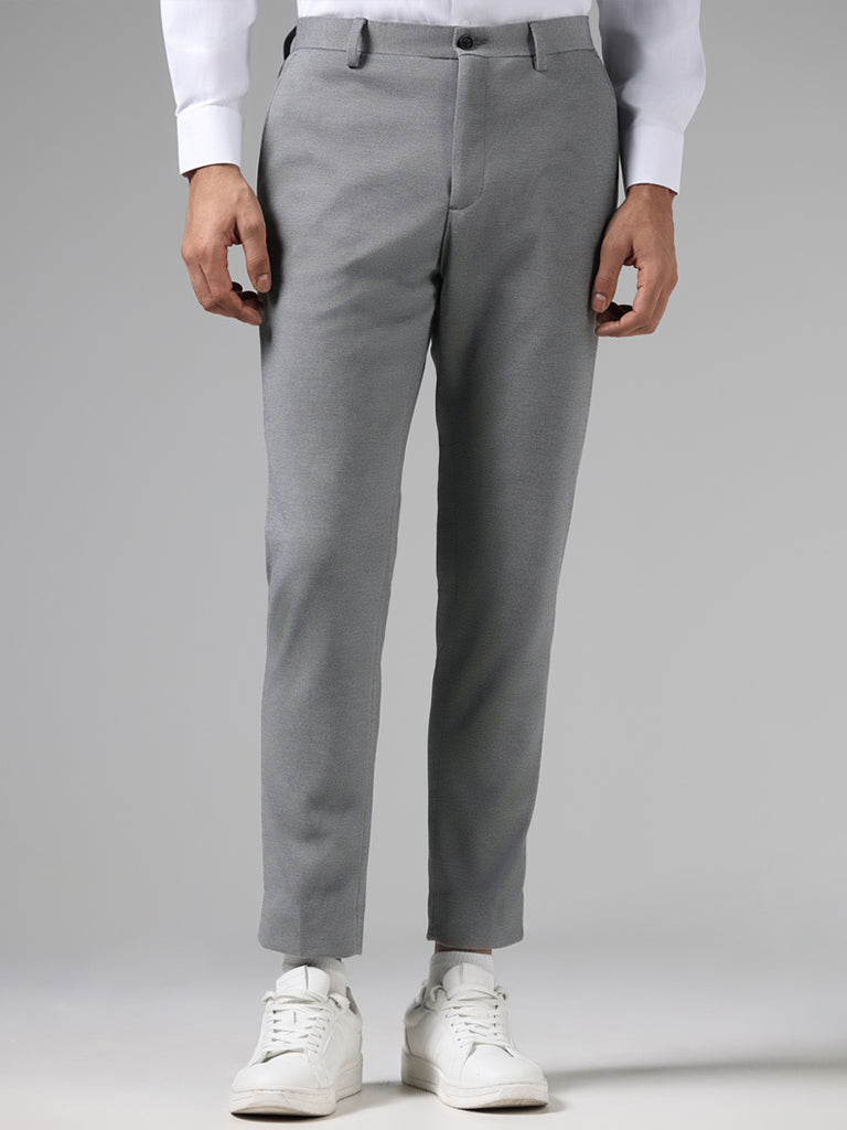 WES Formals Solid Grey Slim-Fit Mid-Rise Trousers