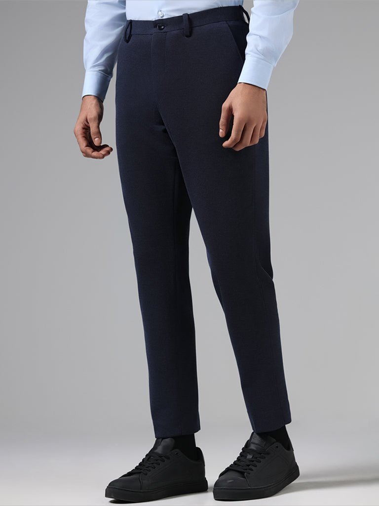 WES Formals Navy Self Textured Slim-Fit Mid-Rise Trousers