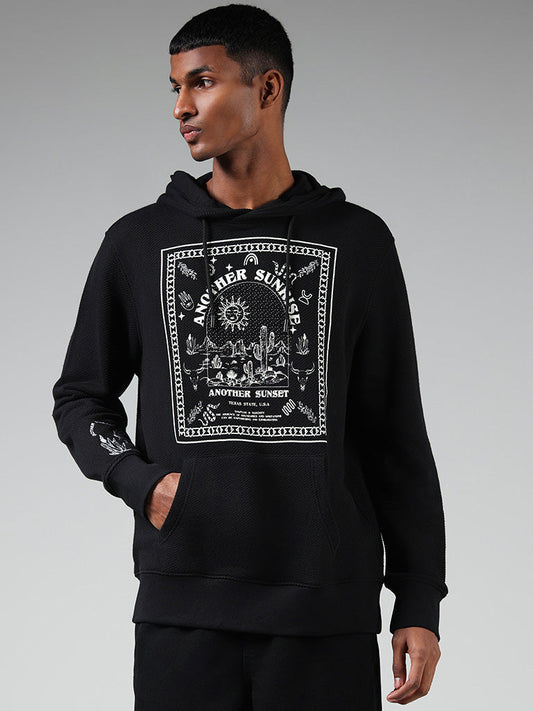 Nuon Black Typographic Knitted Relaxed-Fit Hoodie