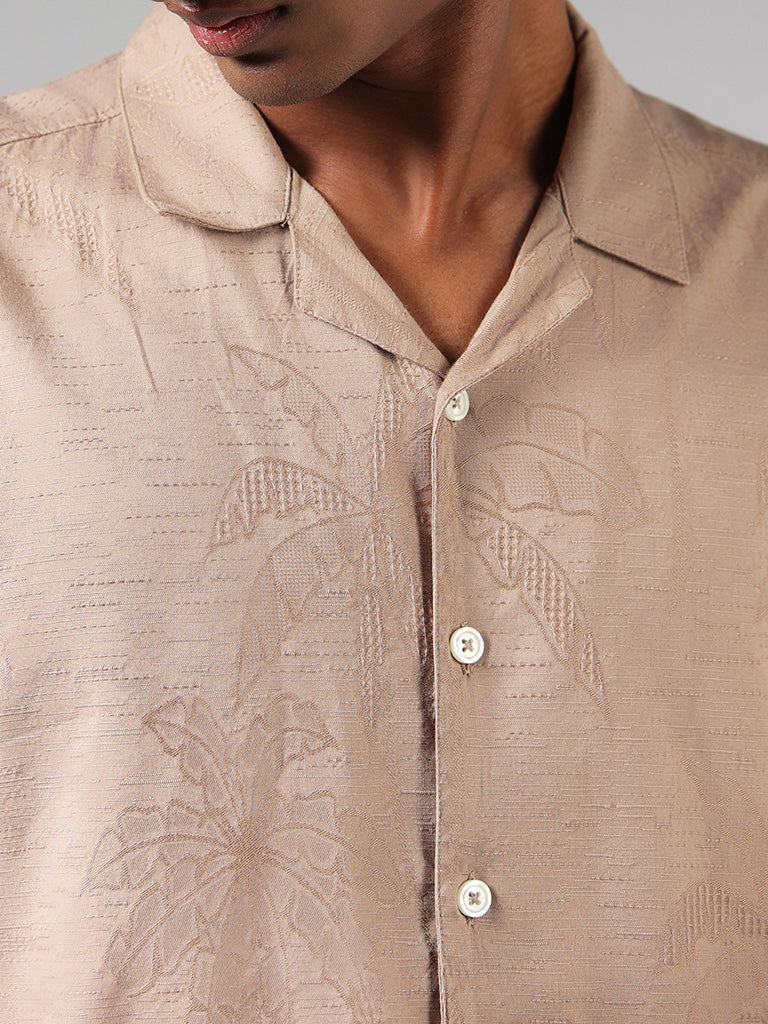 Nuon Beige Leaf Embroidered Cotton Blend Resort-Fit Shirt