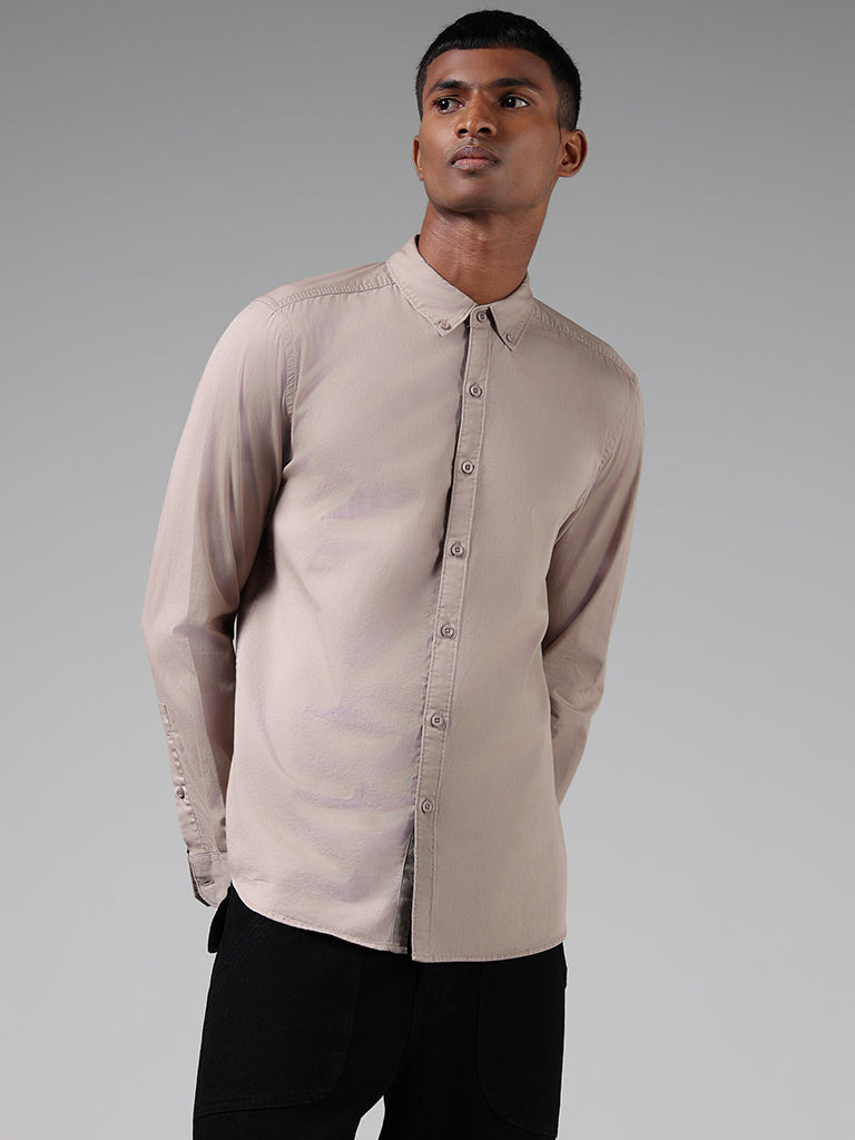 Nuon Solid Beige Cotton Slim-Fit Shirt