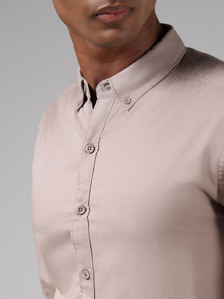 Nuon Solid Beige Cotton Slim-Fit Shirt