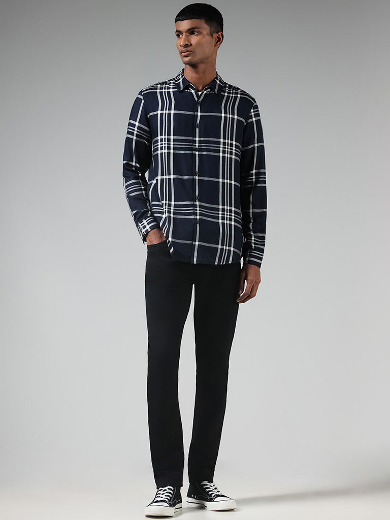 Nuon Navy Checked Slim-Fit Shirt