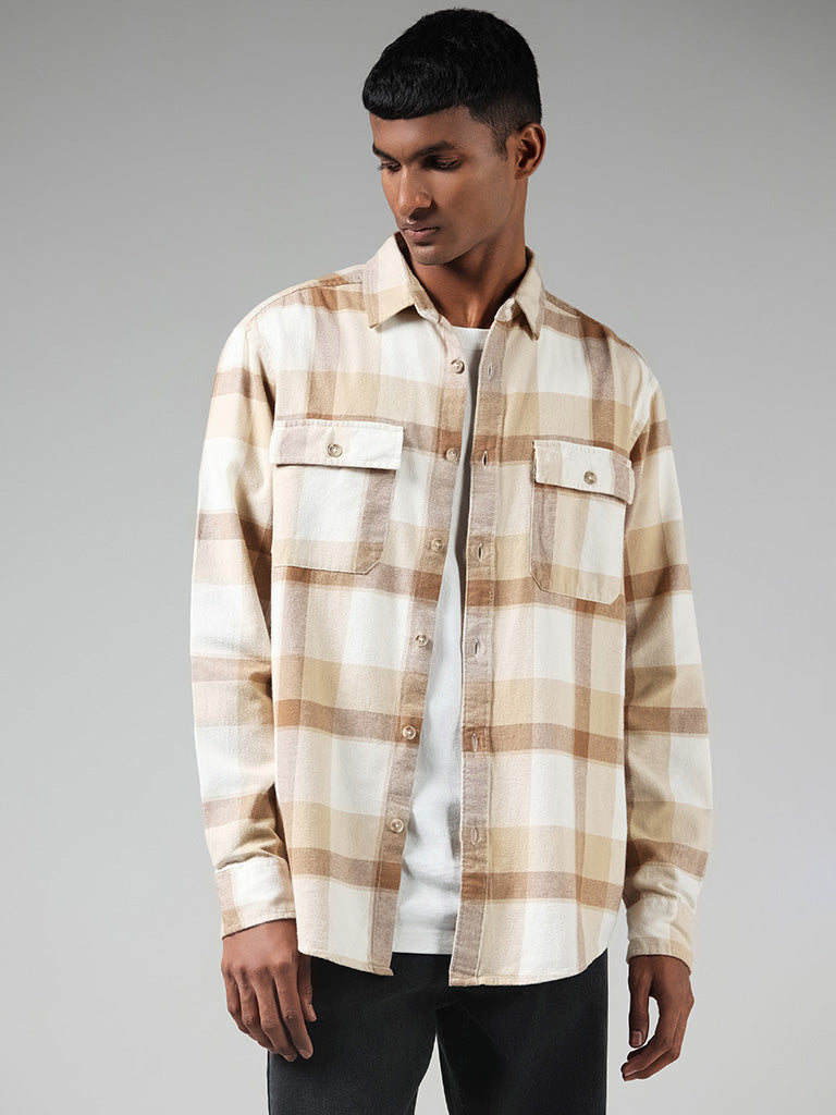 Nuon Beige Checked Cotton Relaxed-Fit Shirt