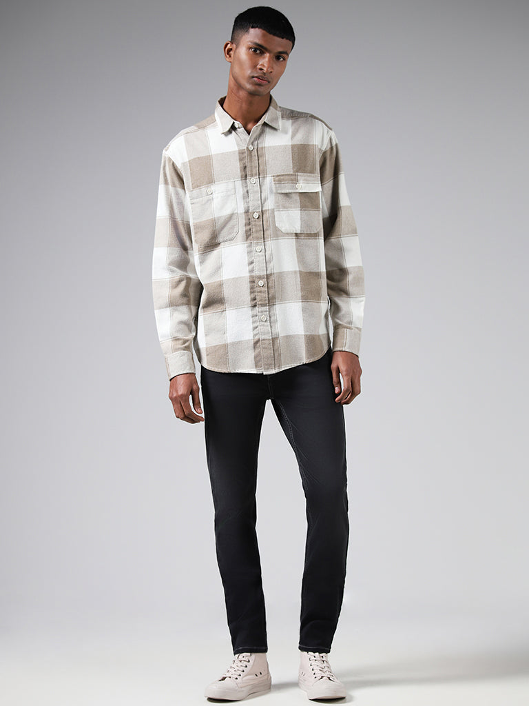 Nuon Beige Checked Cotton Relaxed-Fit Shirt