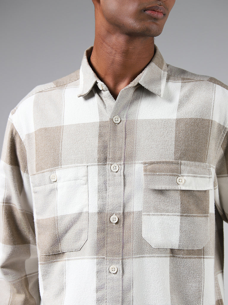 Nuon Beige Checked Cotton Relaxed-Fit Shirt