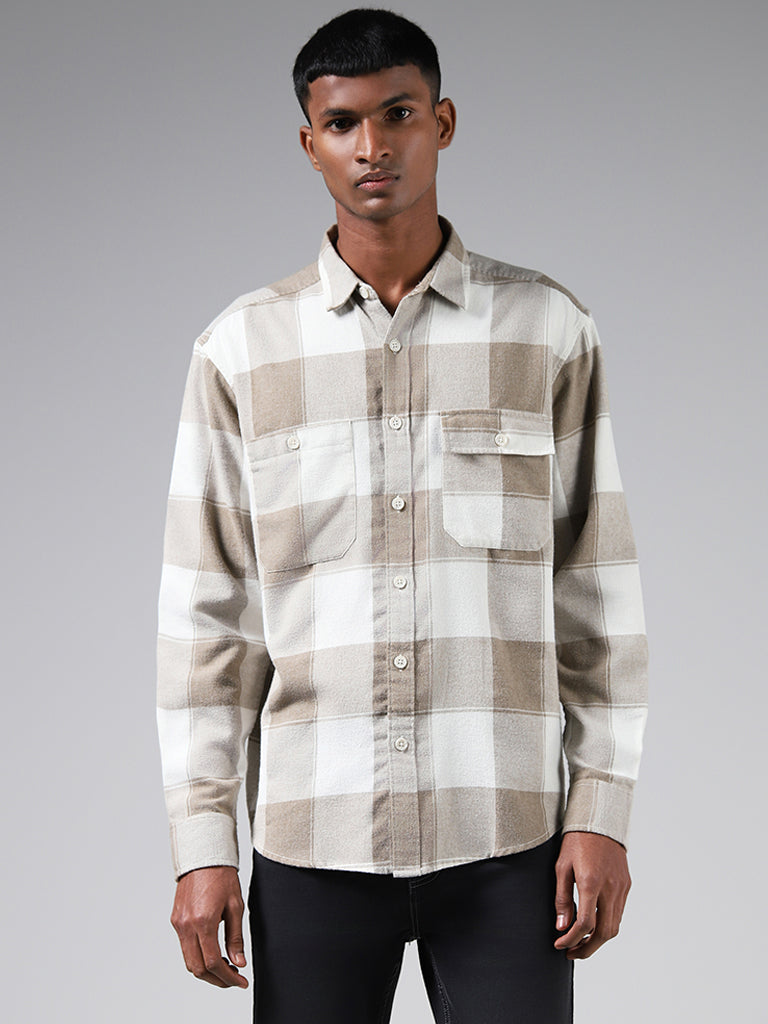 Nuon Beige Checked Cotton Relaxed-Fit Shirt