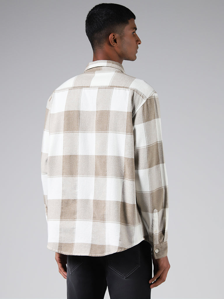 Nuon Beige Checked Cotton Relaxed-Fit Shirt