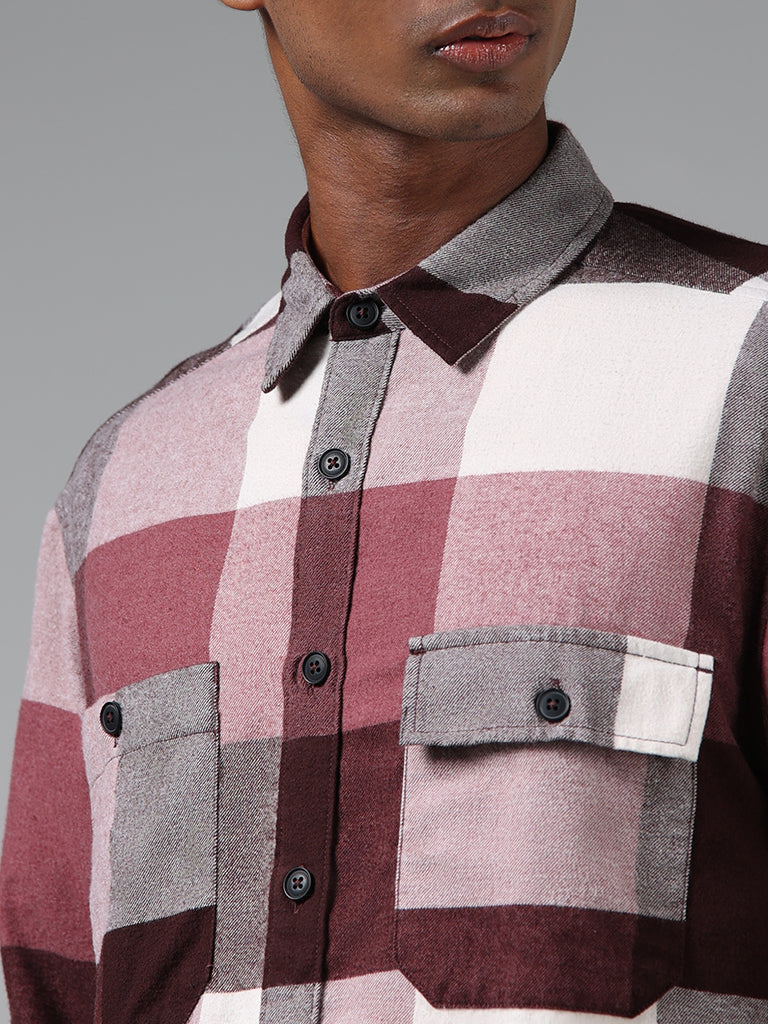 Nuon Maroon & White Checked Cotton Relaxed-Fit Shirt