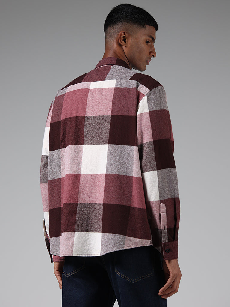 Nuon Maroon & White Checked Cotton Relaxed-Fit Shirt